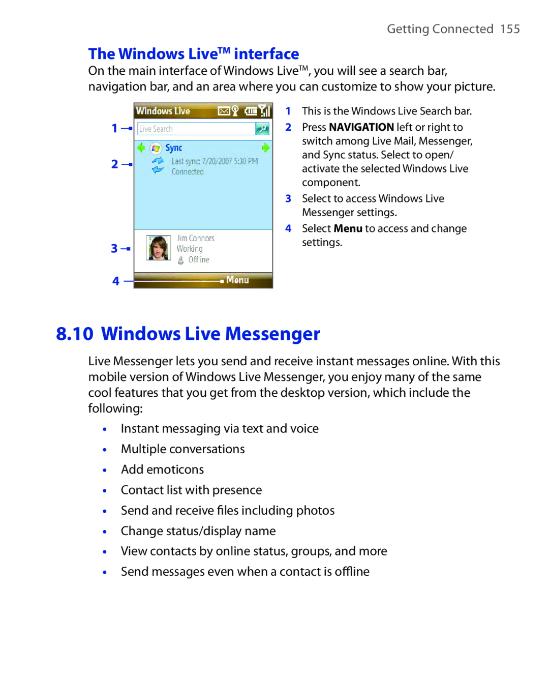 HTC KII0160 user manual Windows Live Messenger, Windows LiveTM interface 