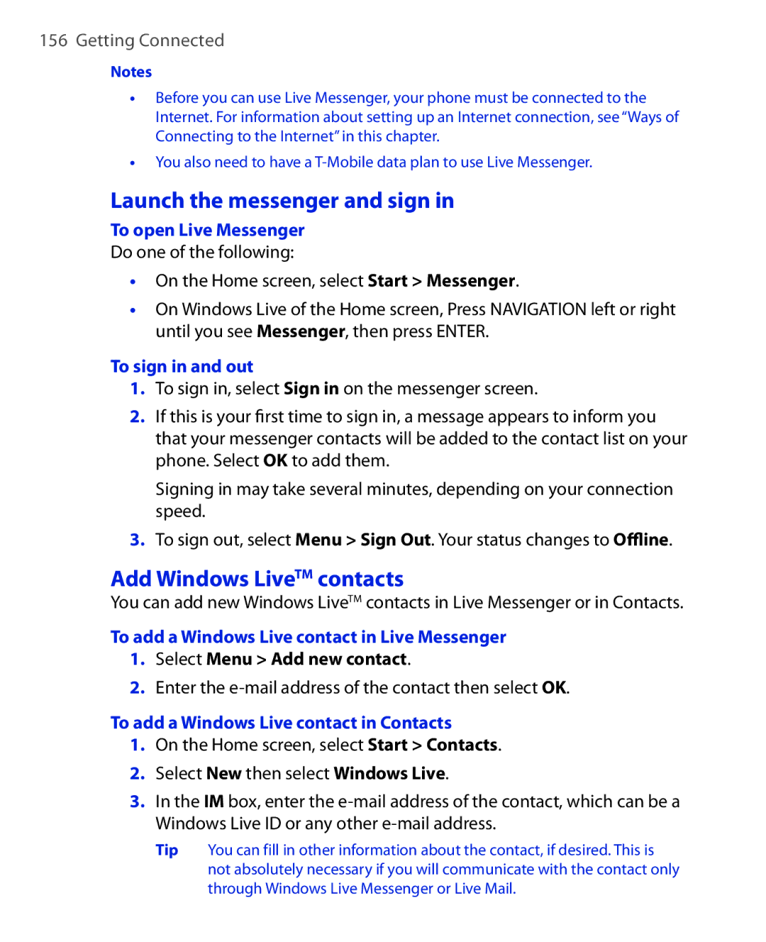 HTC KII0160 user manual Launch the messenger and sign, Add Windows LiveTM contacts 