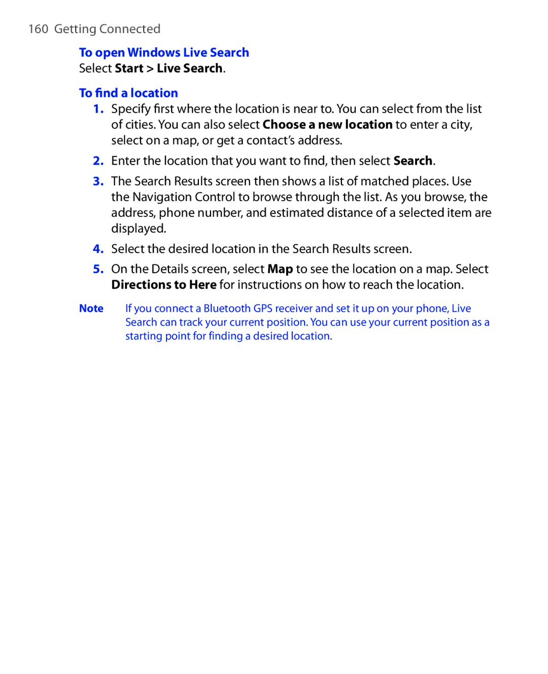 HTC KII0160 user manual To open Windows Live Search, Select Start Live Search, To ﬁnd a location 