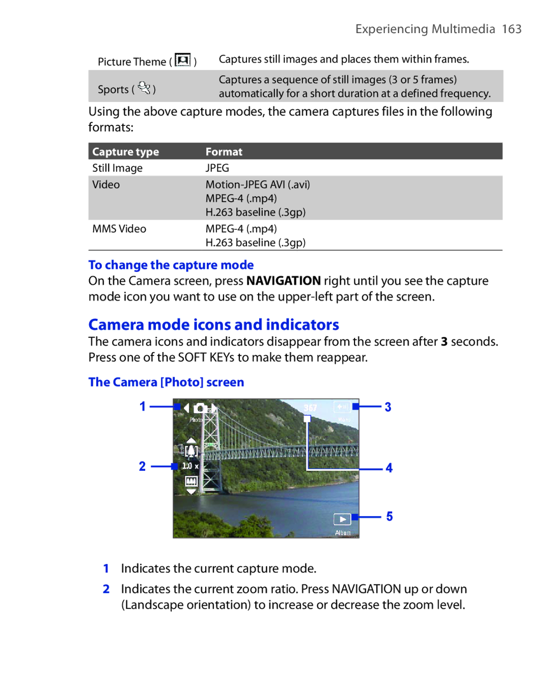 HTC KII0160 user manual Camera mode icons and indicators, To change the capture mode, Camera Photo screen 