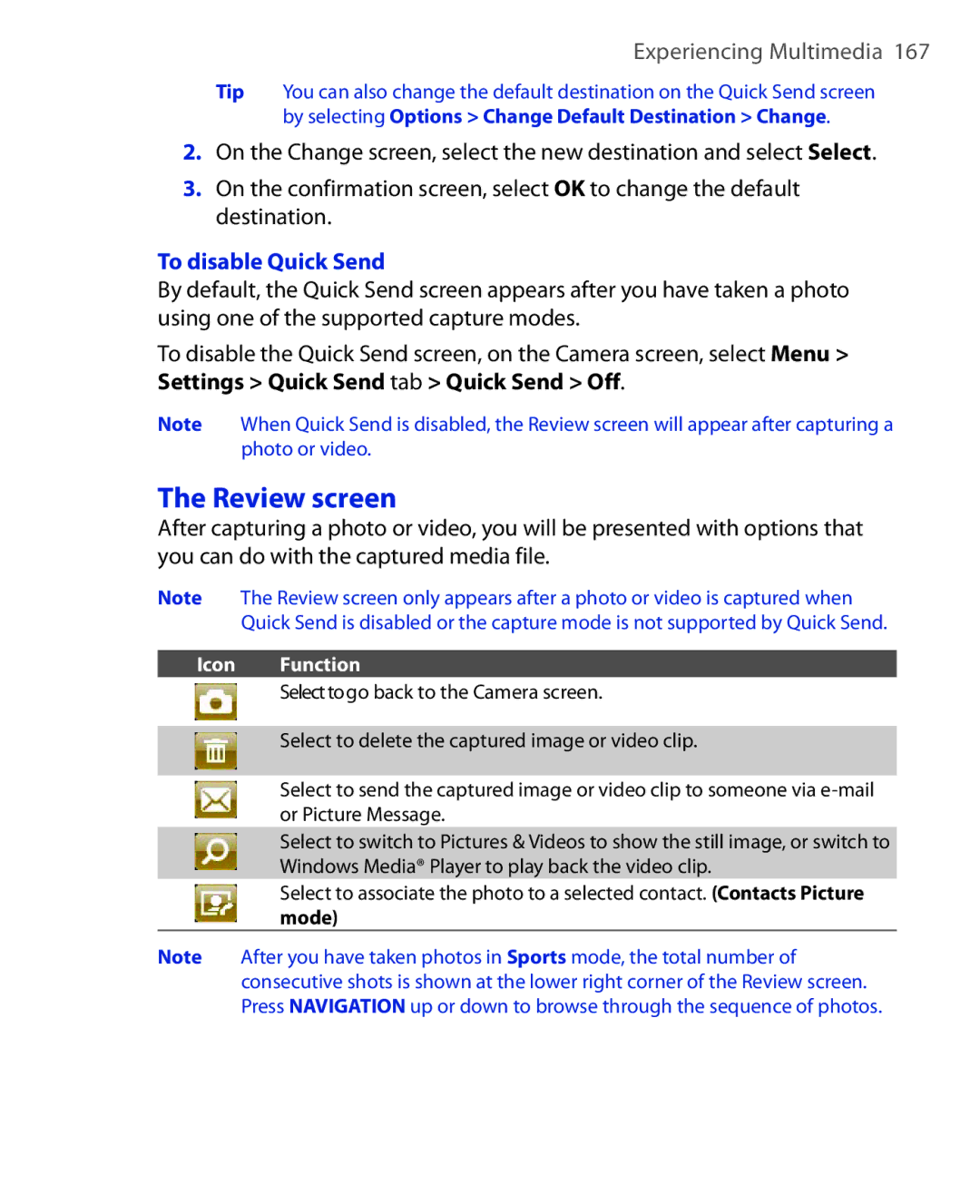 HTC KII0160 user manual Review screen, To disable Quick Send 