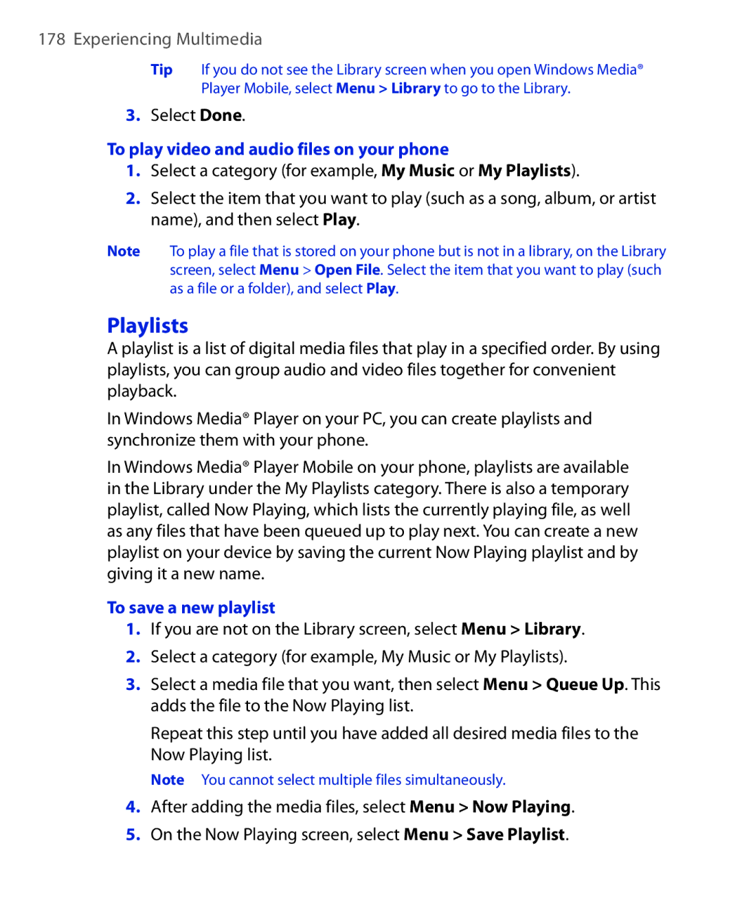 HTC KII0160 user manual Playlists, To play video and audio files on your phone, To save a new playlist 