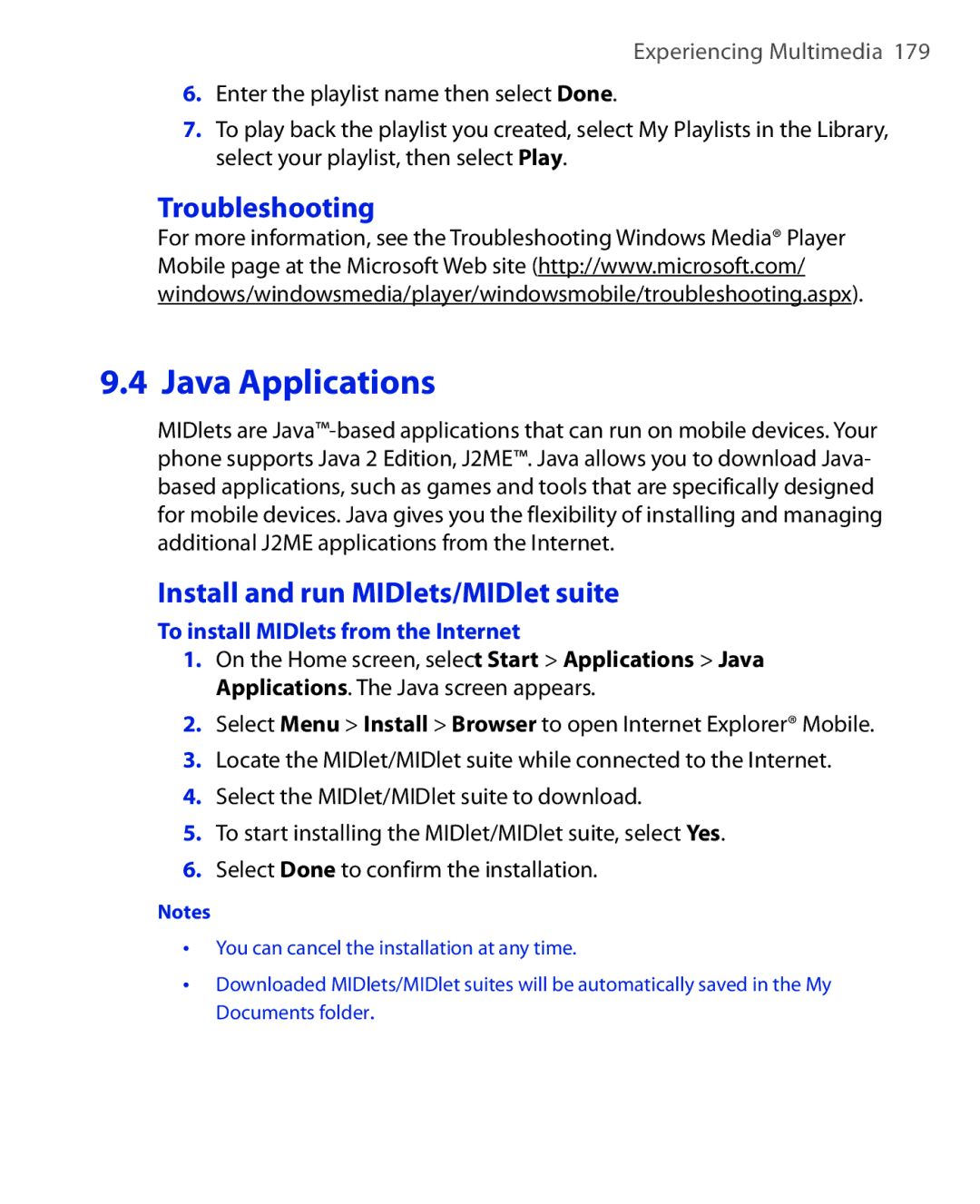 HTC KII0160 user manual Troubleshooting, Install and run MIDlets/MIDlet suite, To install MIDlets from the Internet 