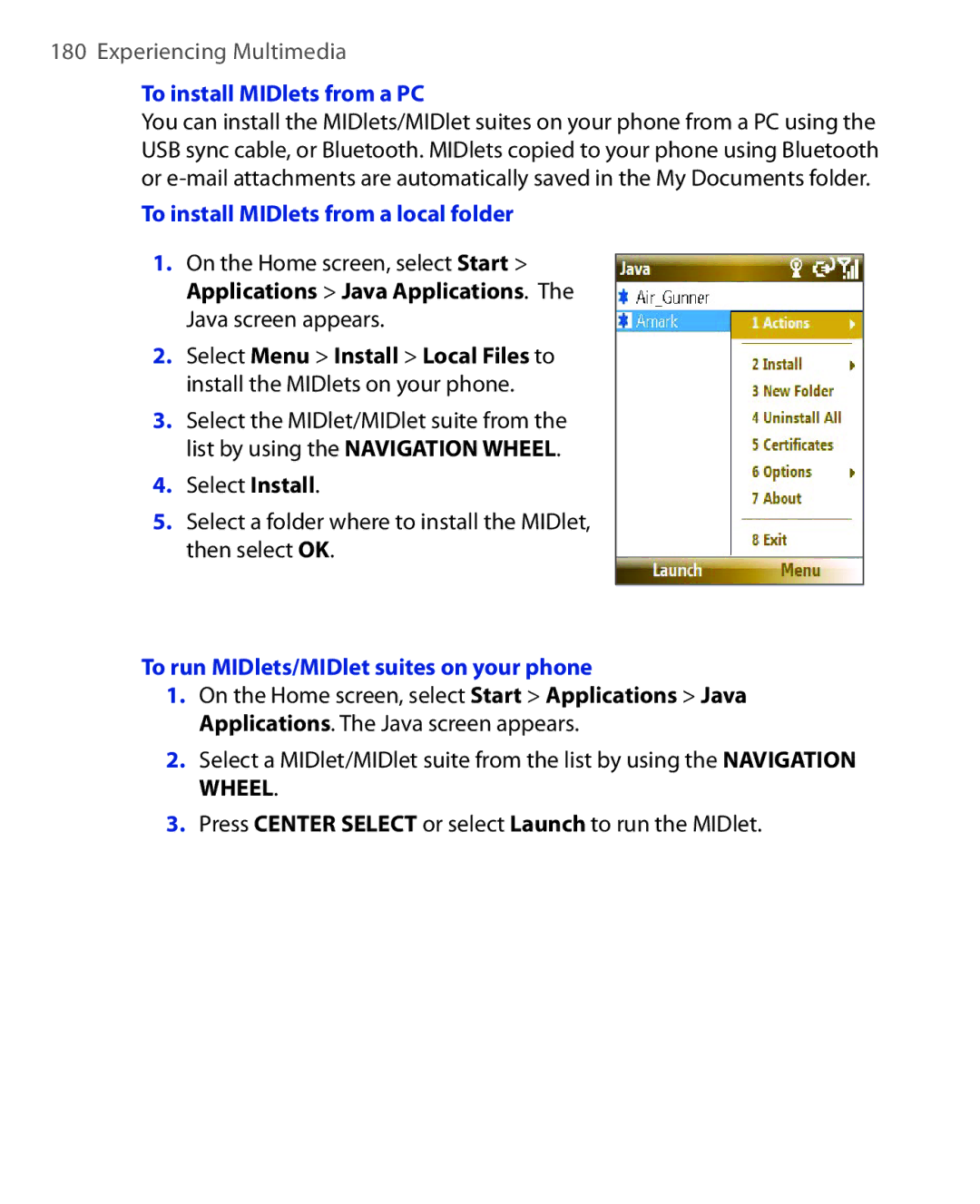 HTC KII0160 user manual To install MIDlets from a PC, To install MIDlets from a local folder 