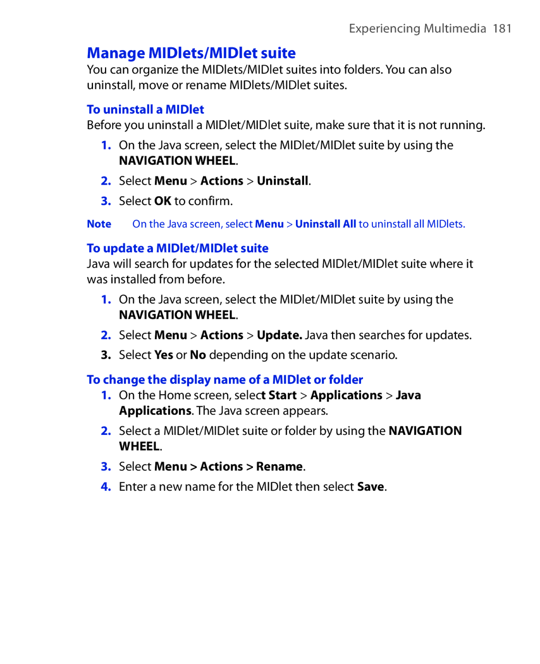 HTC KII0160 user manual Manage MIDlets/MIDlet suite, To uninstall a MIDlet, To update a MIDlet/MIDlet suite 