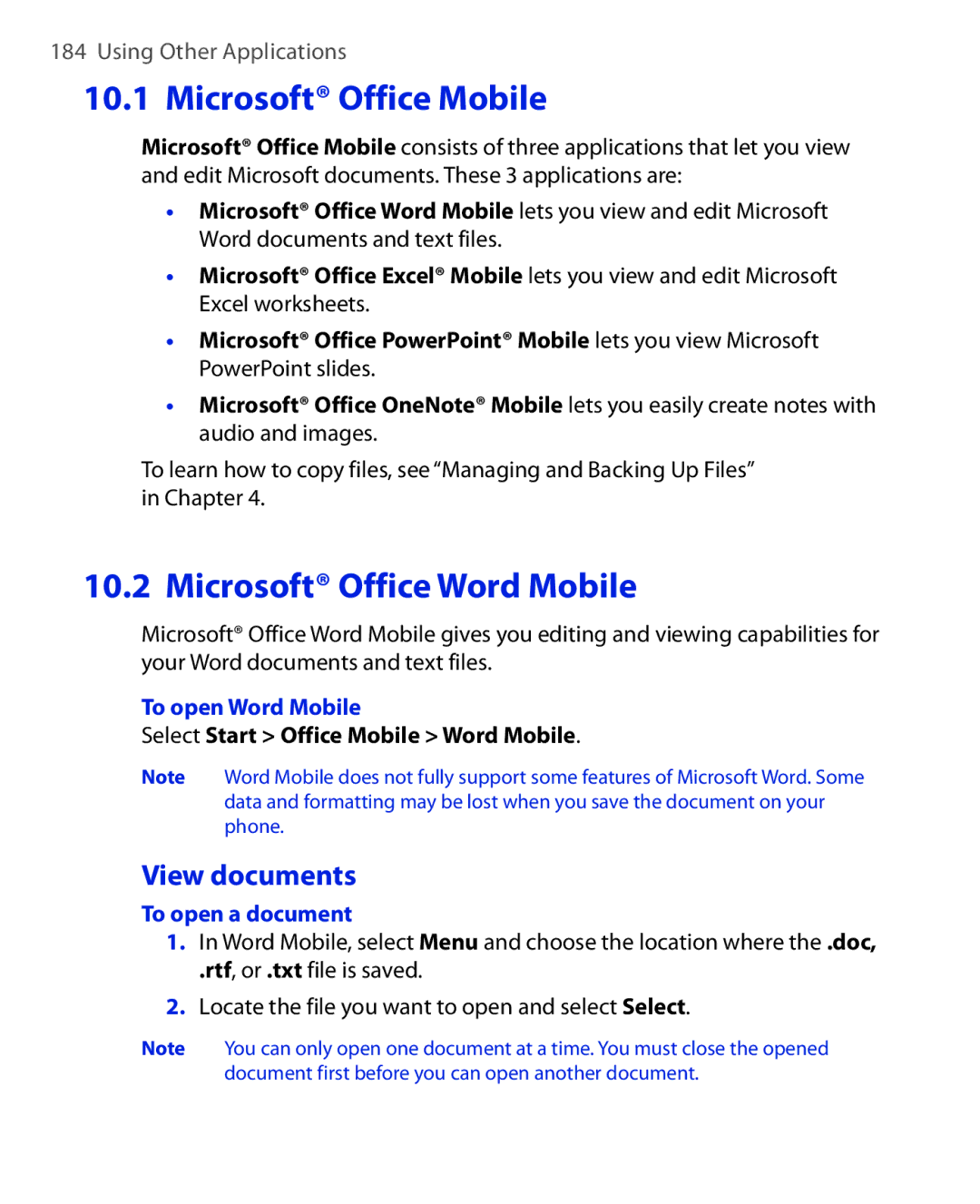 HTC KII0160 Microsoft Office Mobile, View documents, To open Word Mobile, Select Start Office Mobile Word Mobile 