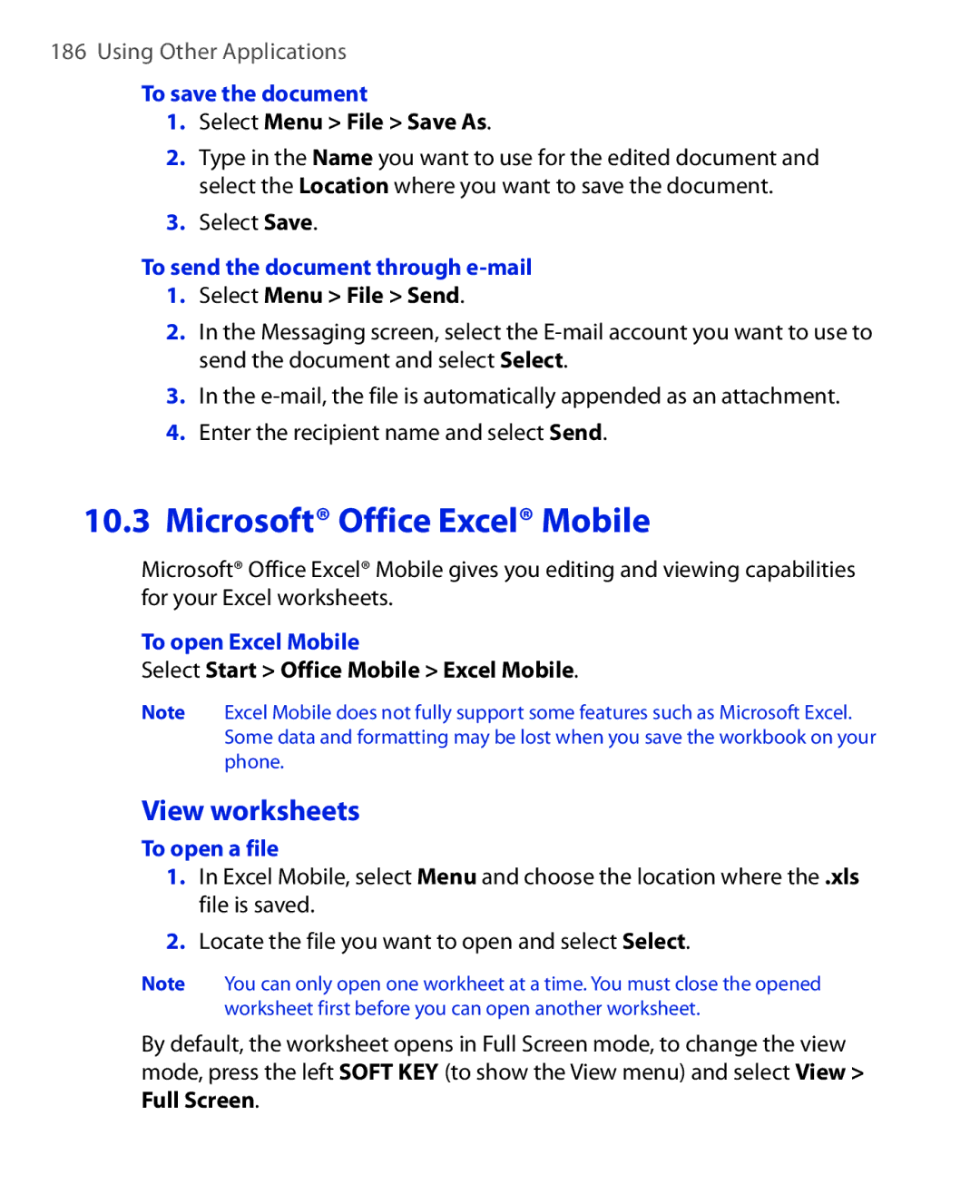 HTC KII0160 user manual View worksheets, To save the document, To send the document through e-mail, To open Excel Mobile 