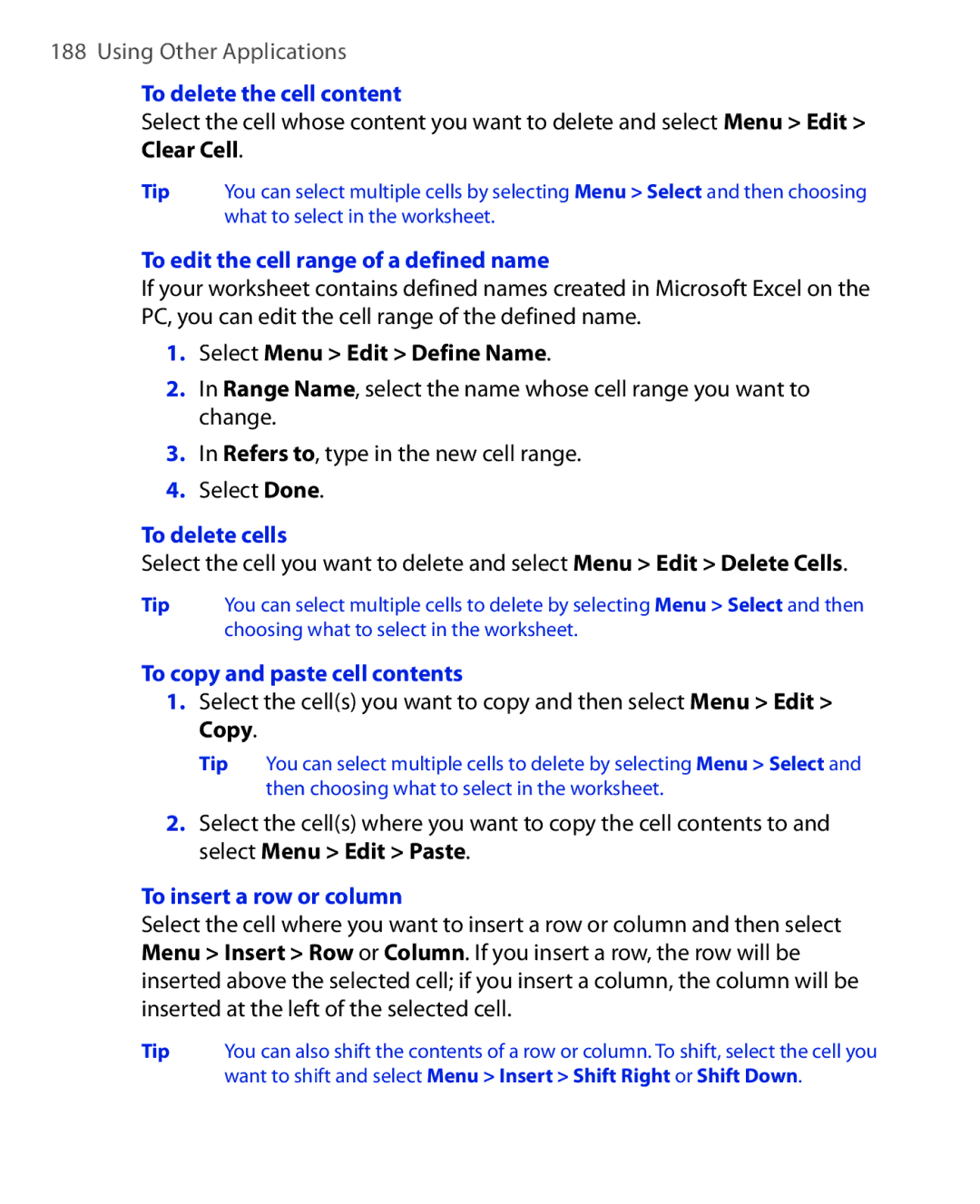 HTC KII0160 user manual To delete the cell content, To edit the cell range of a defined name, To delete cells 