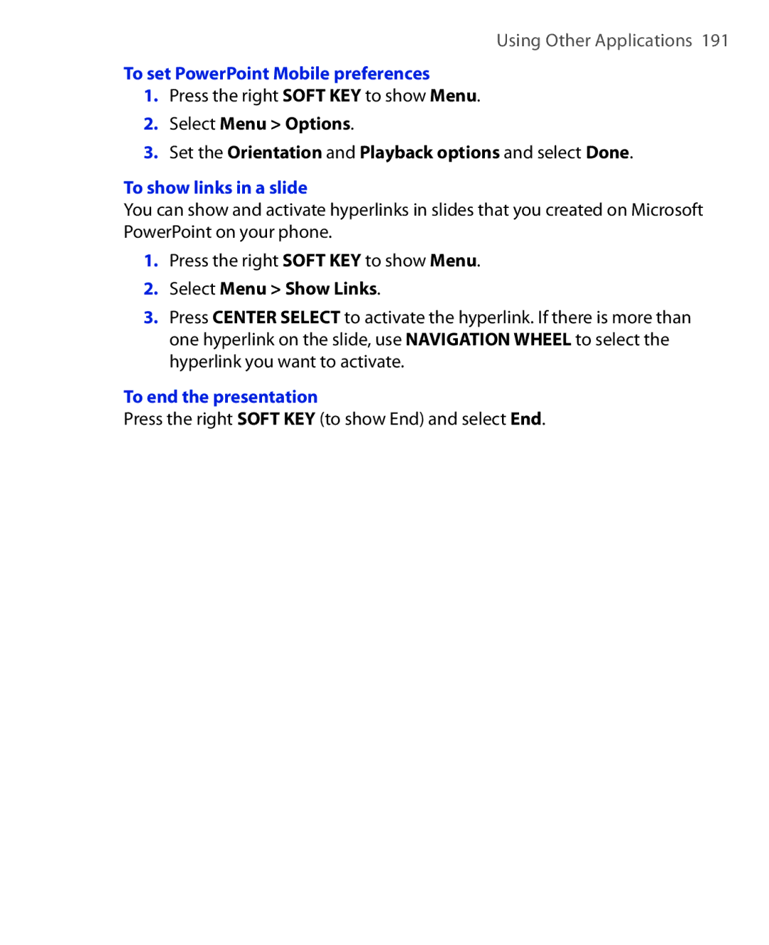 HTC KII0160 user manual To set PowerPoint Mobile preferences, To show links in a slide, Select Menu Show Links 