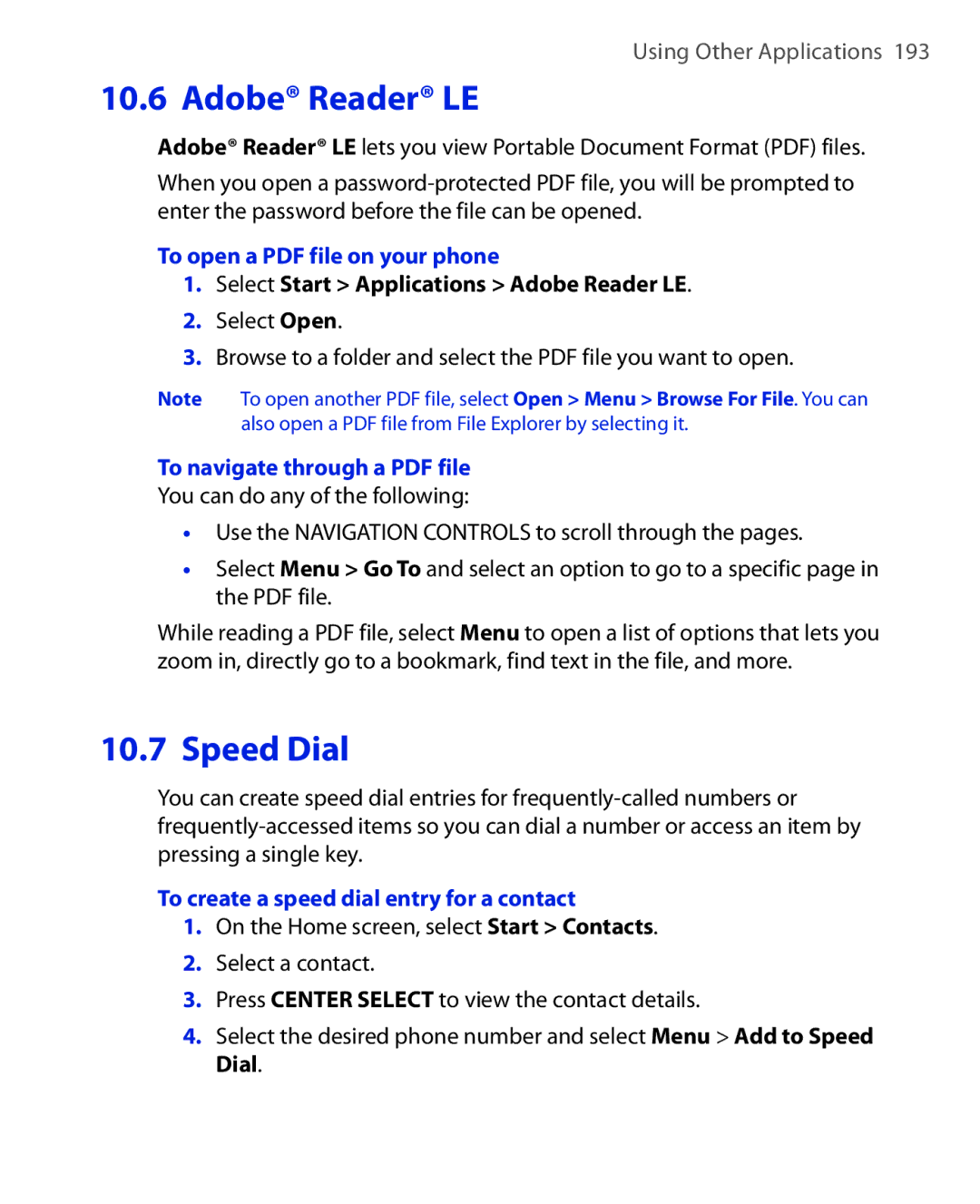 HTC KII0160 user manual Select Start Applications Adobe Reader LE, To create a speed dial entry for a contact 