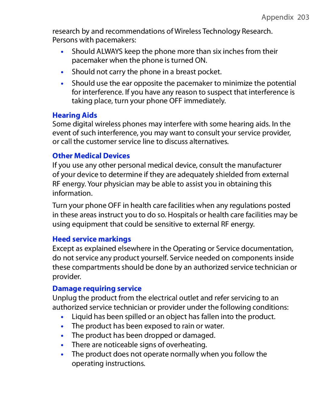 HTC KII0160 user manual Hearing Aids, Other Medical Devices, Heed service markings, Damage requiring service 