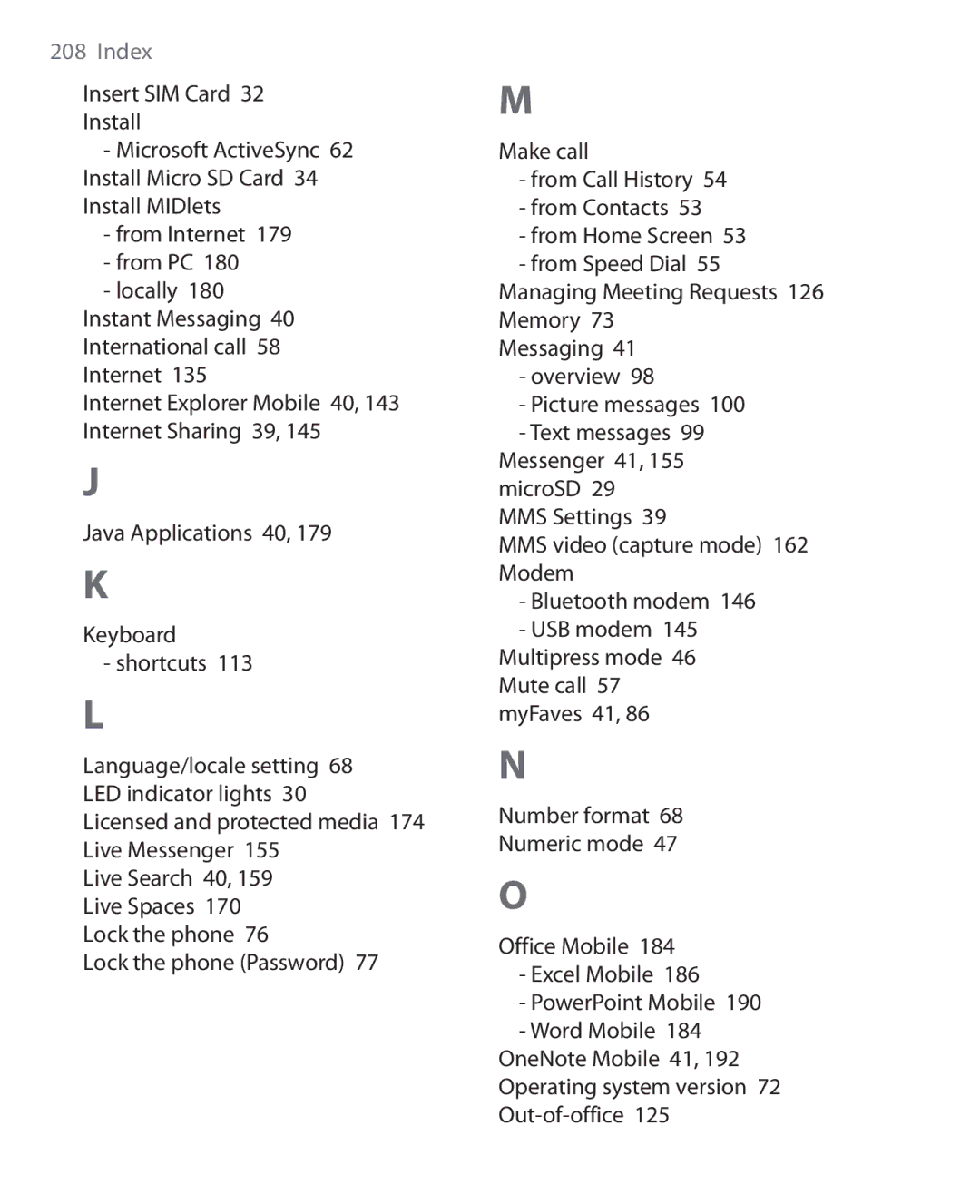 HTC KII0160 user manual Live Search 40, 159 Live Spaces 170 Lock the phone 