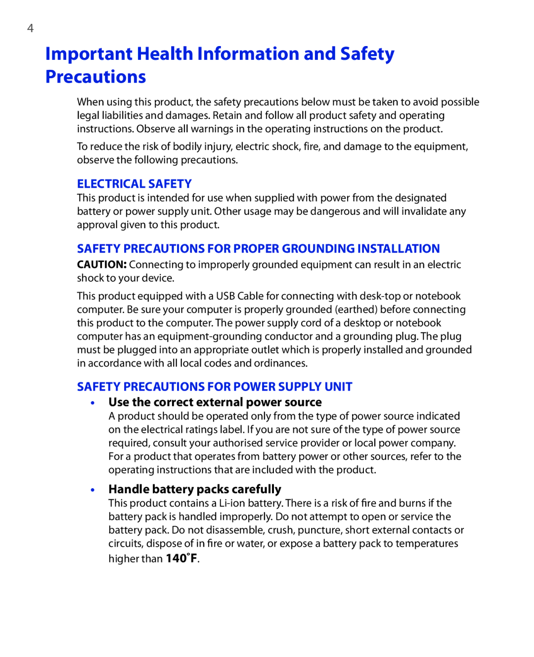 HTC KII0160 user manual Important Health Information and Safety Precautions, Use the correct external power source 