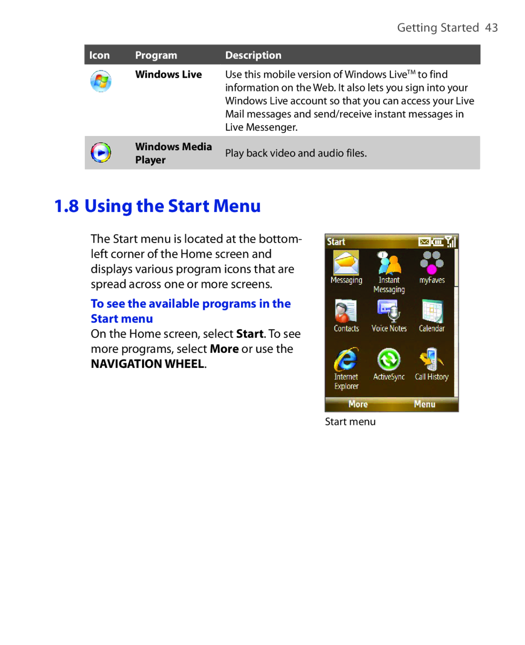 HTC KII0160 user manual To see the available programs Start menu, Windows Live 