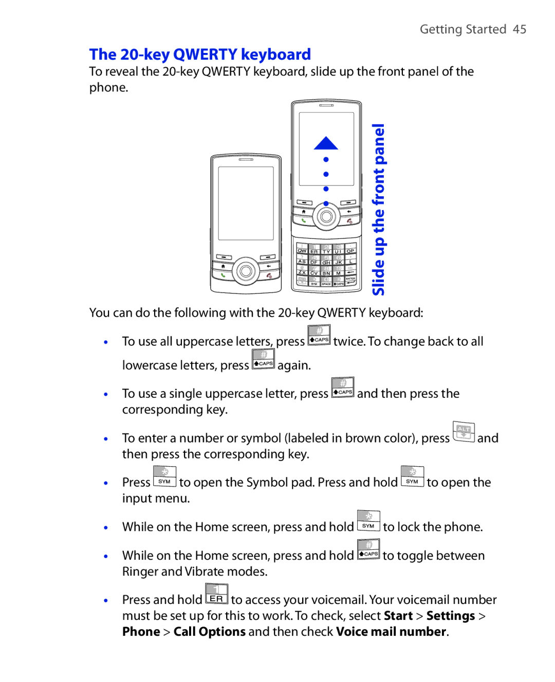 HTC KII0160 user manual key Qwerty keyboard, Ringer and Vibrate modes 