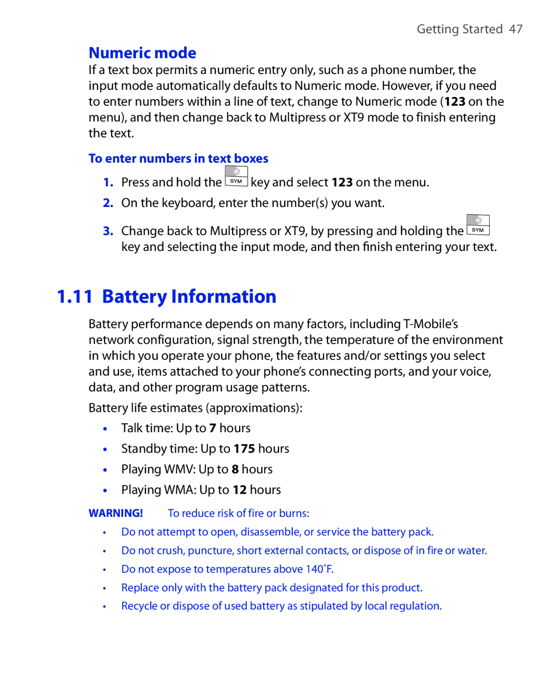 HTC KII0160 user manual Numeric mode, To enter numbers in text boxes 