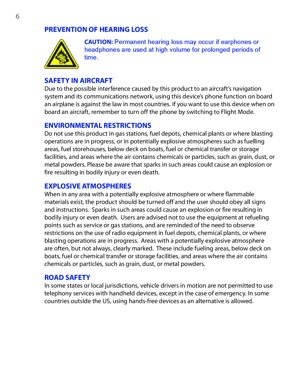 HTC KII0160 user manual Prevention of Hearing Loss Safety in Aircraft 