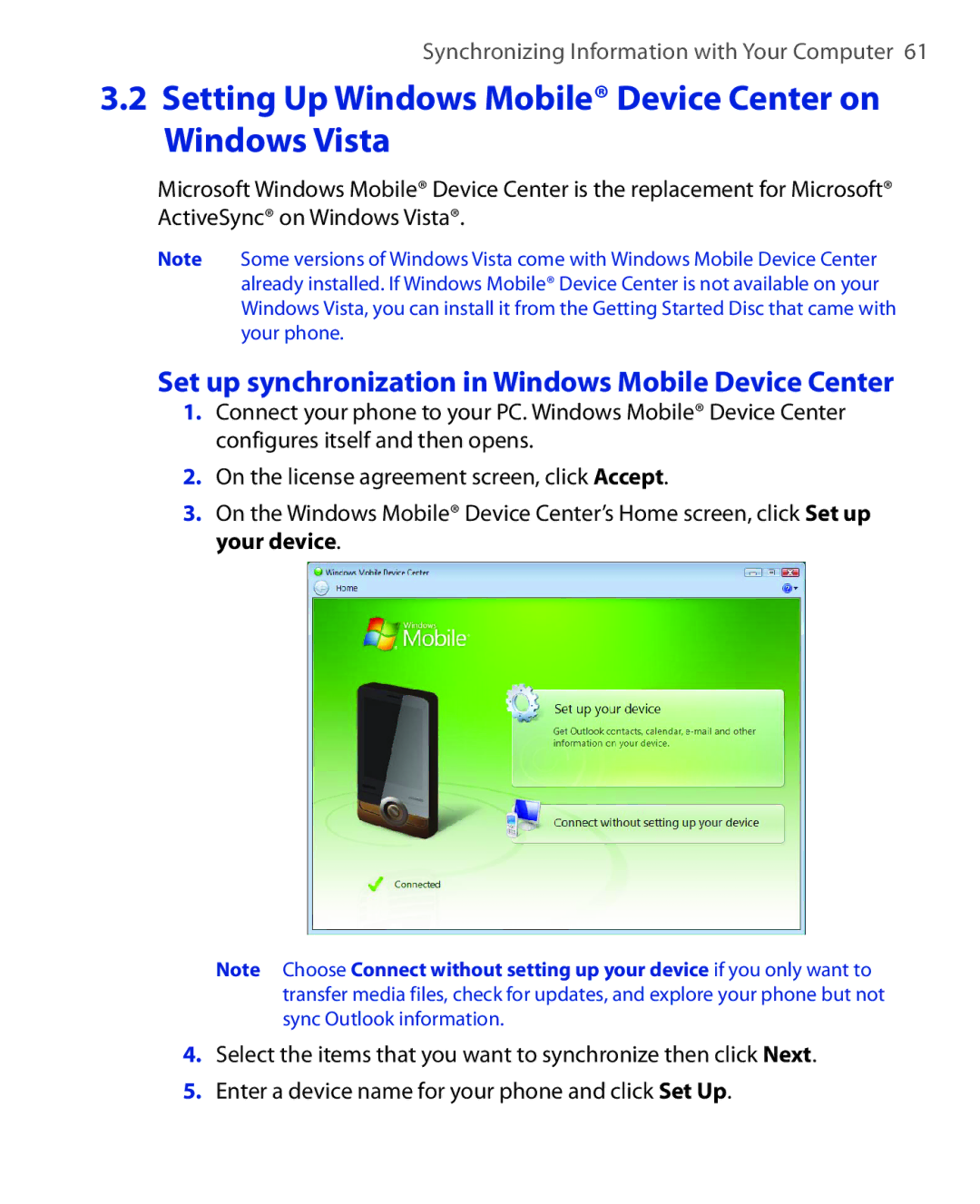 HTC KII0160 user manual Setting Up Windows Mobile Device Center on Windows Vista 