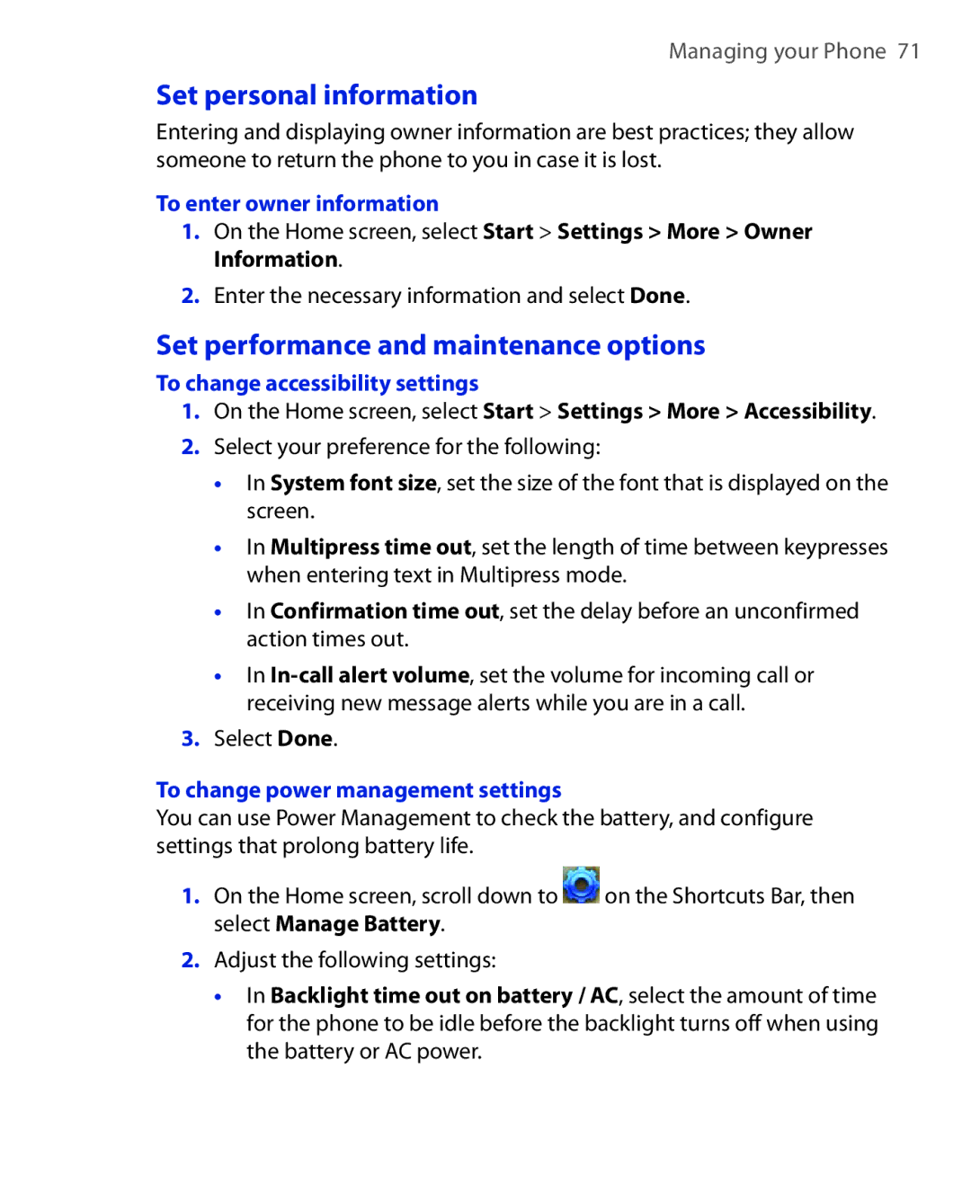 HTC KII0160 user manual Set personal information, Set performance and maintenance options, To enter owner information 