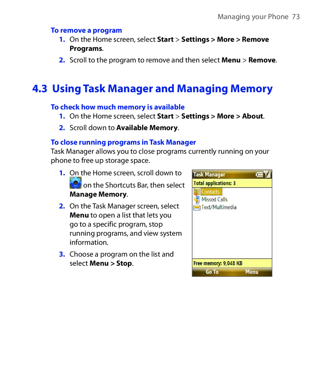 HTC KII0160 To remove a program, To check how much memory is available, To close running programs in Task Manager 