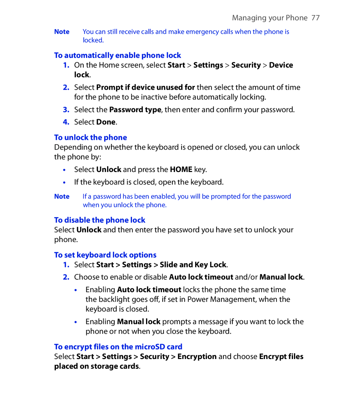 HTC KII0160 user manual To automatically enable phone lock, To unlock the phone, To disable the phone lock 