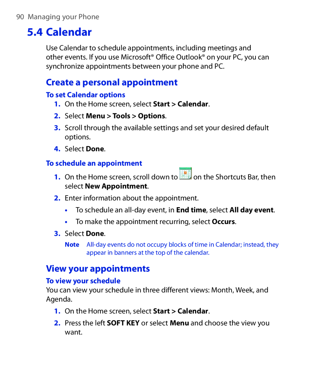 HTC KII0160 Create a personal appointment, View your appointments, To set Calendar options, To schedule an appointment 