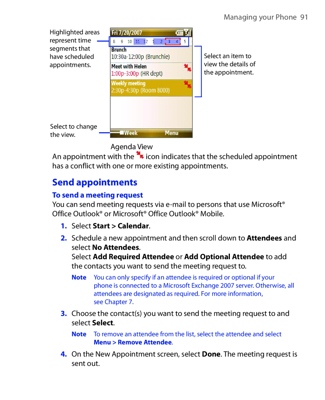 HTC KII0160 user manual Send appointments, To send a meeting request, Select Start Calendar 