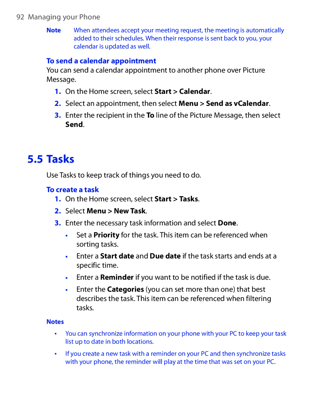 HTC KII0160 user manual To send a calendar appointment, Use Tasks to keep track of things you need to do, To create a task 