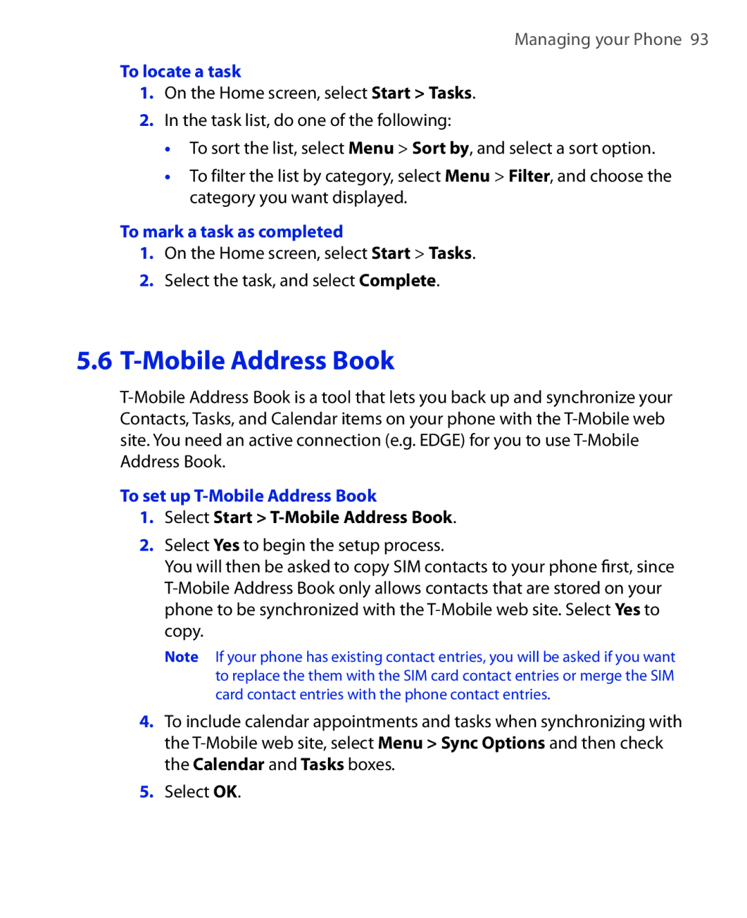 HTC KII0160 user manual To locate a task, To mark a task as completed, To set up T-Mobile Address Book 