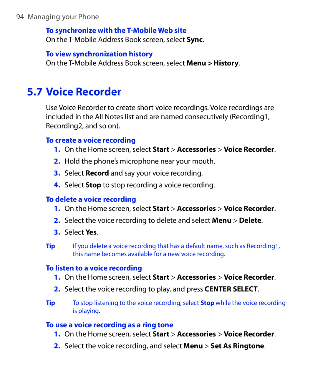 HTC KII0160 To synchronize with the T-Mobile Web site, To view synchronization history, To create a voice recording 