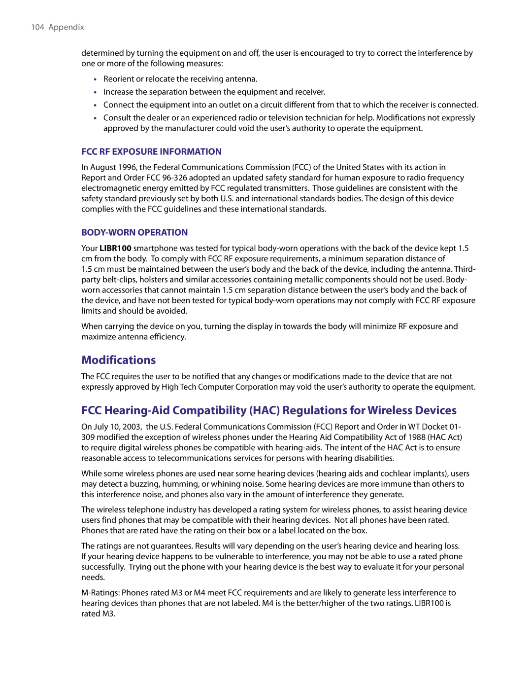 HTC LIBR100 user manual Modifications, FCC RF Exposure Information 