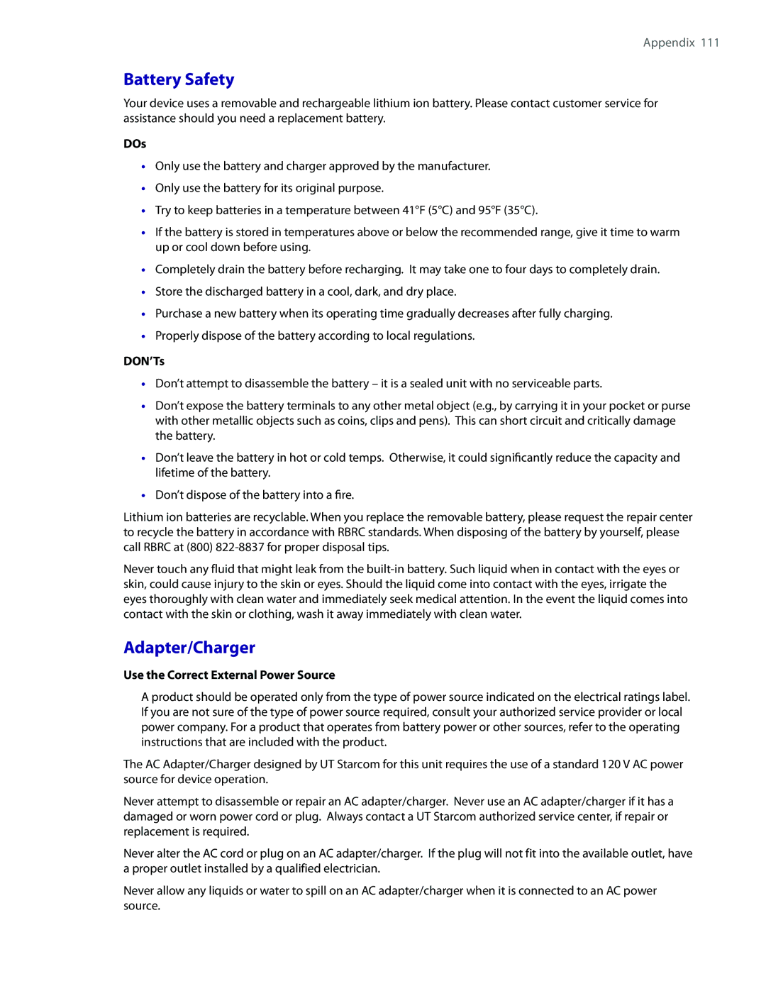 HTC LIBR100 user manual Battery Safety, Adapter/Charger, DOs, DON’Ts, Use the Correct External Power Source 