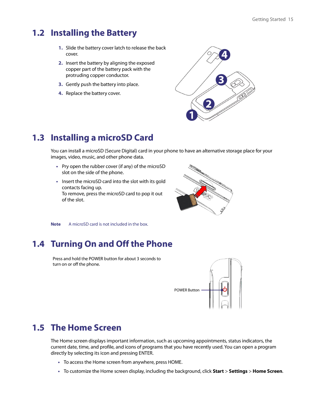 HTC LIBR100 user manual Installing the Battery, Installing a microSD Card, Turning On and Off the Phone, Home Screen 