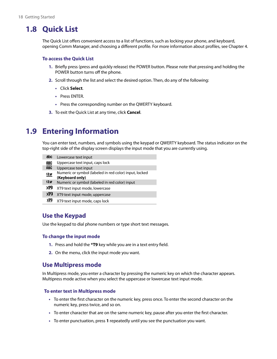 HTC LIBR100 user manual Quick List, Entering Information, Use the Keypad, Use Multipress mode 