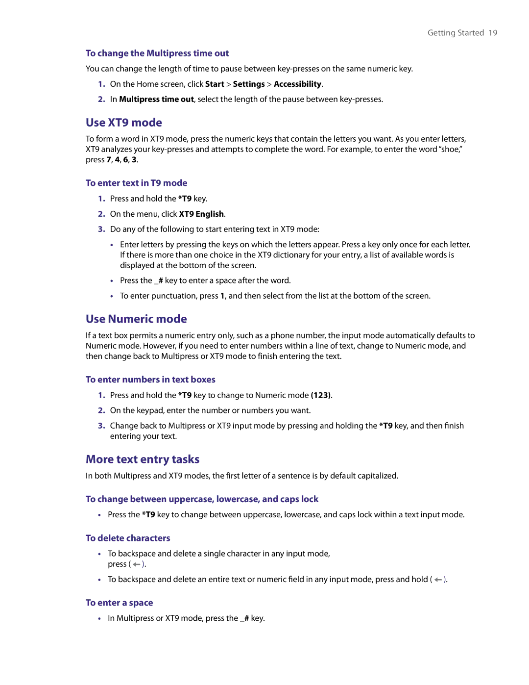 HTC LIBR100 user manual Use XT9 mode, Use Numeric mode, More text entry tasks 