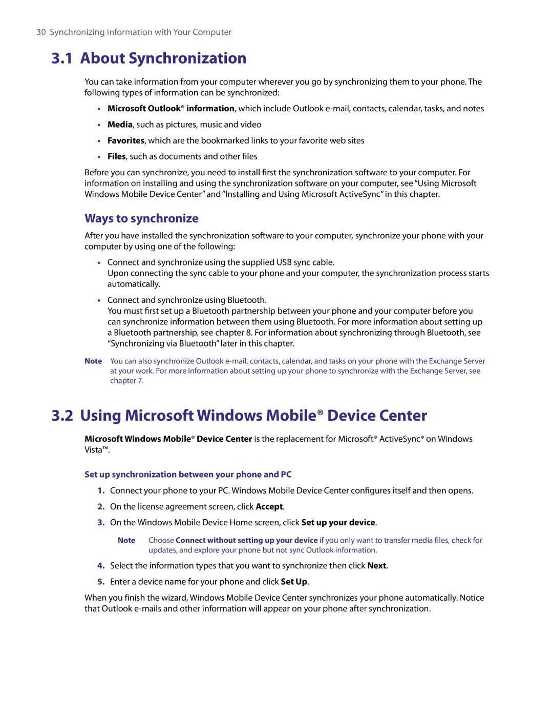 HTC LIBR100 user manual About Synchronization, Using Microsoft Windows Mobile Device Center, Ways to synchronize 