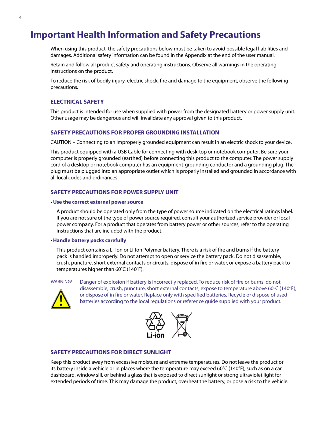 HTC LIBR100 user manual Important Health Information and Safety Precautions, Electrical Safety 