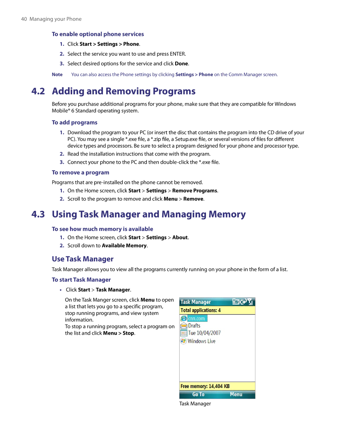 HTC LIBR100 user manual Adding and Removing Programs, Using Task Manager and Managing Memory, Use Task Manager 