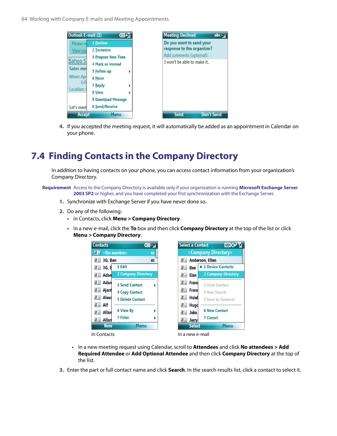 HTC LIBR100 user manual Finding Contacts in the Company Directory, Contacts, click Menu Company Directory 