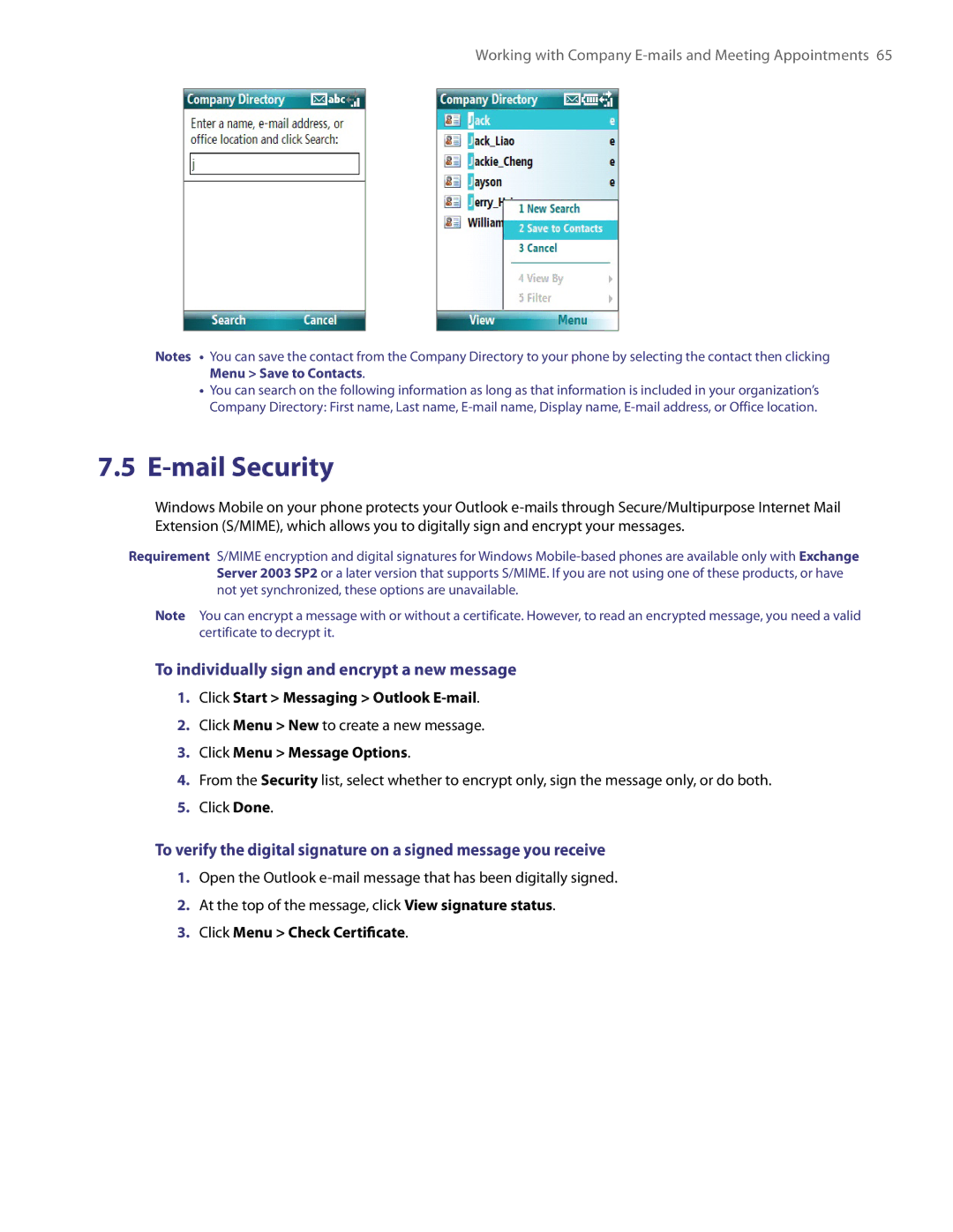 HTC LIBR100 user manual Mail Security, To individually sign and encrypt a new message, Click Menu Message Options 