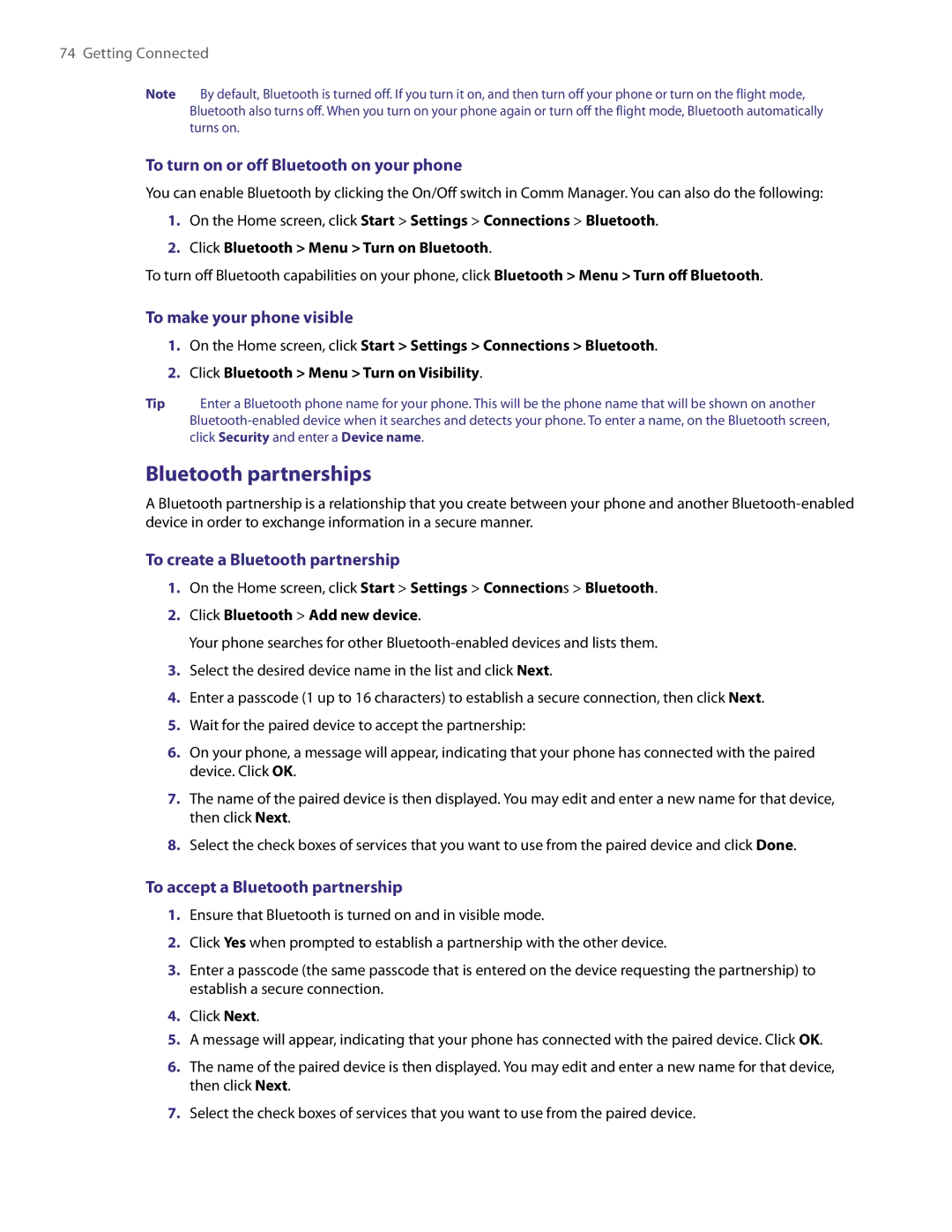 HTC LIBR100 user manual Bluetooth partnerships, To turn on or off Bluetooth on your phone, To make your phone visible 