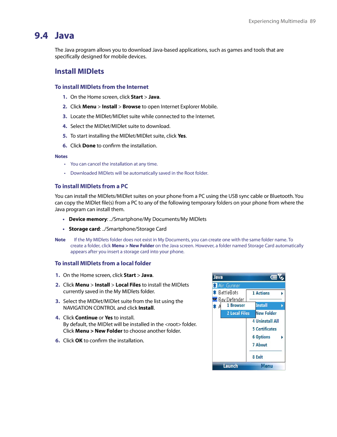 HTC LIBR100 user manual Java, Install MIDlets, To install MIDlets from the Internet, To install MIDlets from a PC 