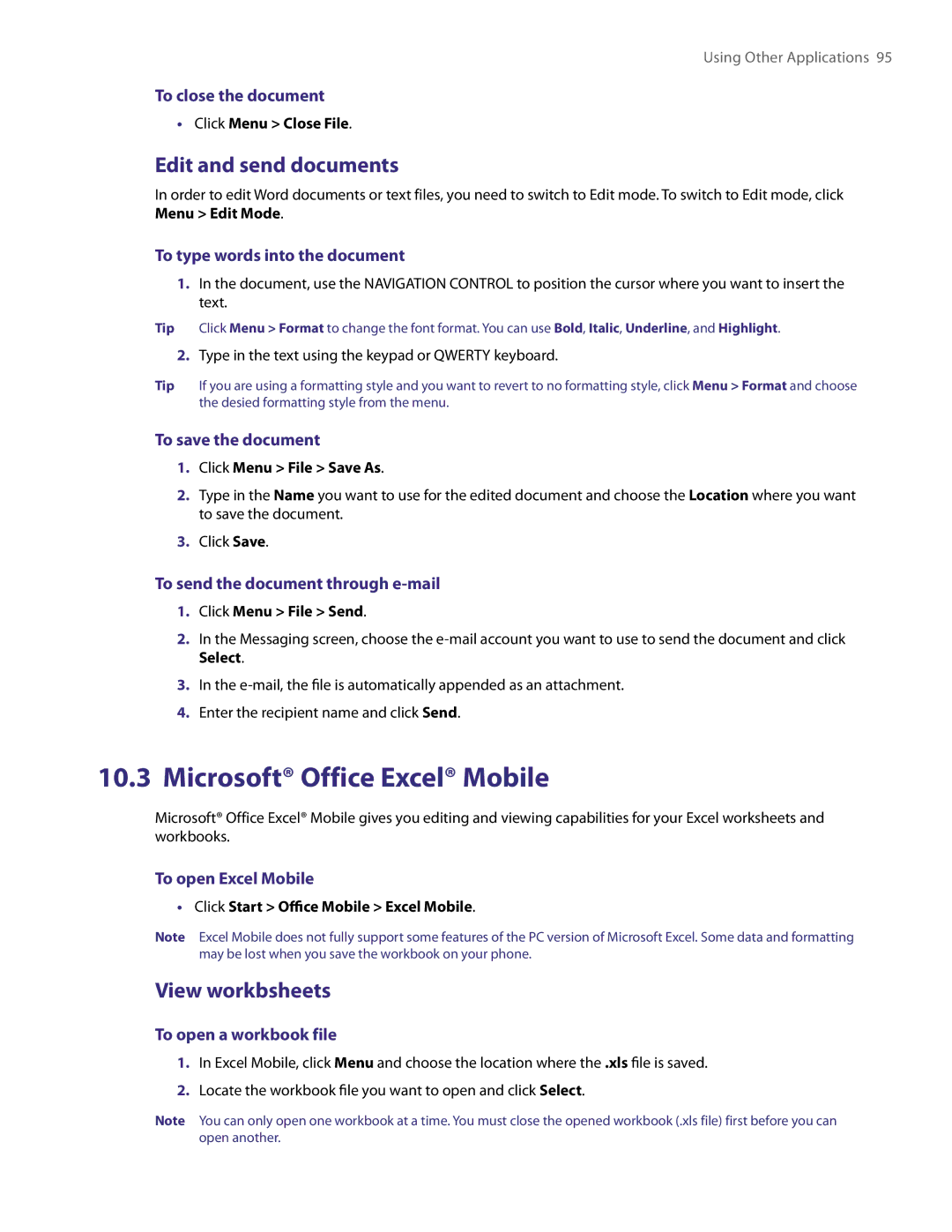 HTC LIBR100 user manual Microsoft Office Excel Mobile, Edit and send documents, View workbsheets 