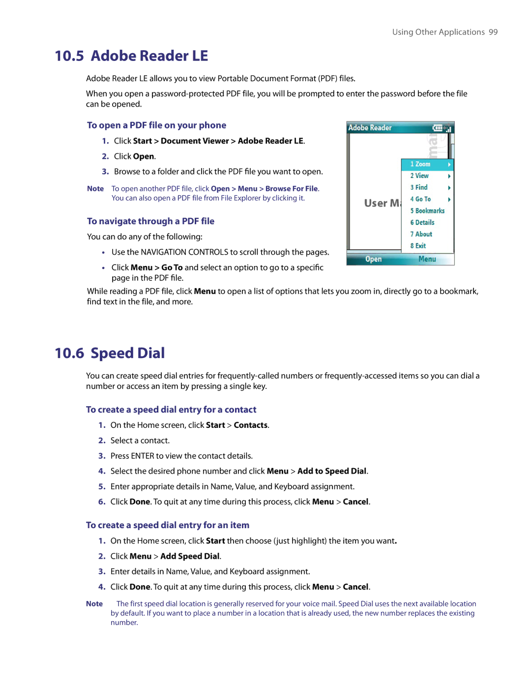 HTC LIBR100 user manual Adobe Reader LE, Speed Dial, To create a speed dial entry for a contact 