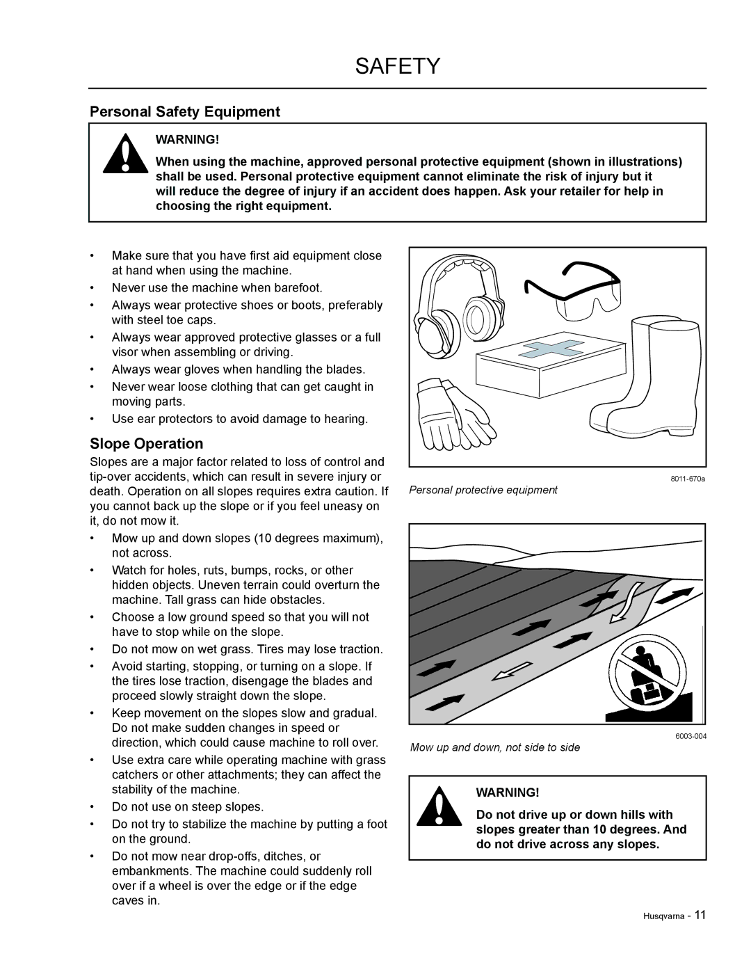 HTC LZC5225 / 965879601, LZC6130 / 965879801, LZ30 / 968999776 manual Personal Safety Equipment, Slope Operation 