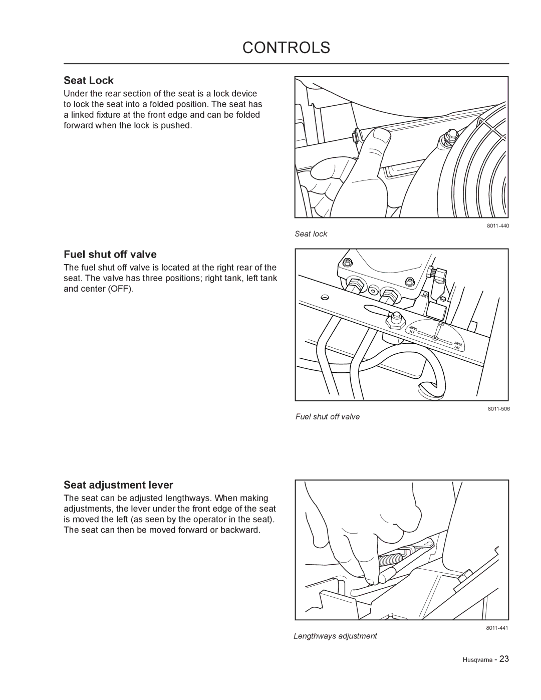 HTC LZC5225 / 965879601, LZC6130 / 965879801, LZ30 / 968999776 manual Seat Lock, Fuel shut off valve, Seat adjustment lever 