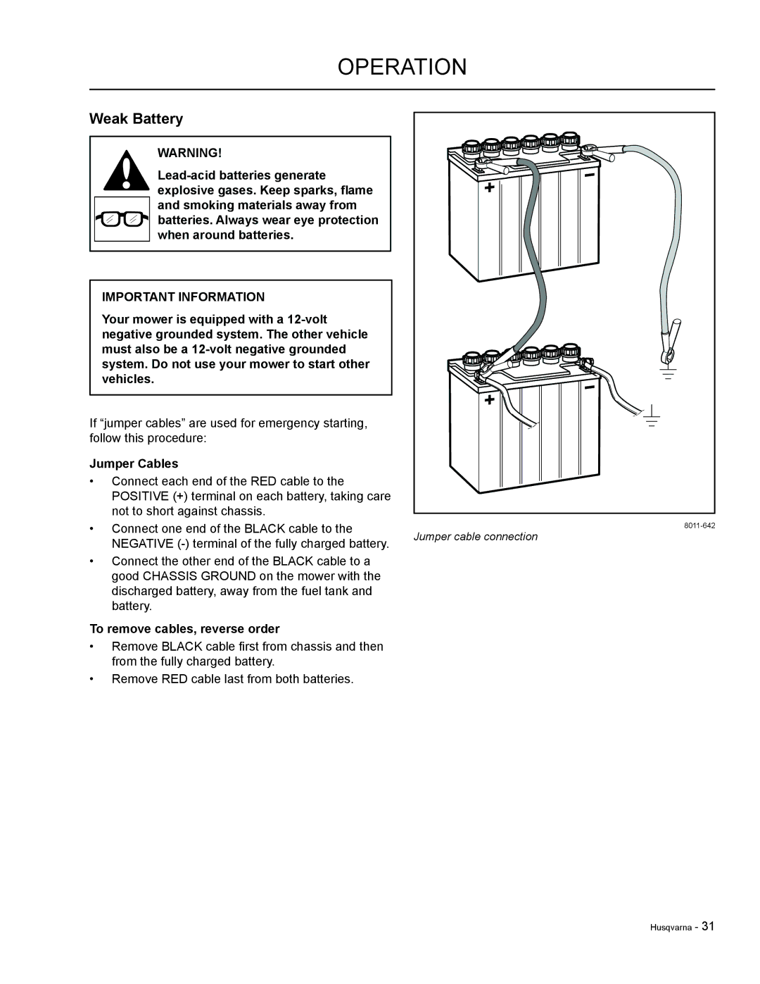 HTC LZC5225 / 965879601, LZC6130 / 965879801, LZ30 / 968999776 Weak Battery, Jumper Cables, To remove cables, reverse order 