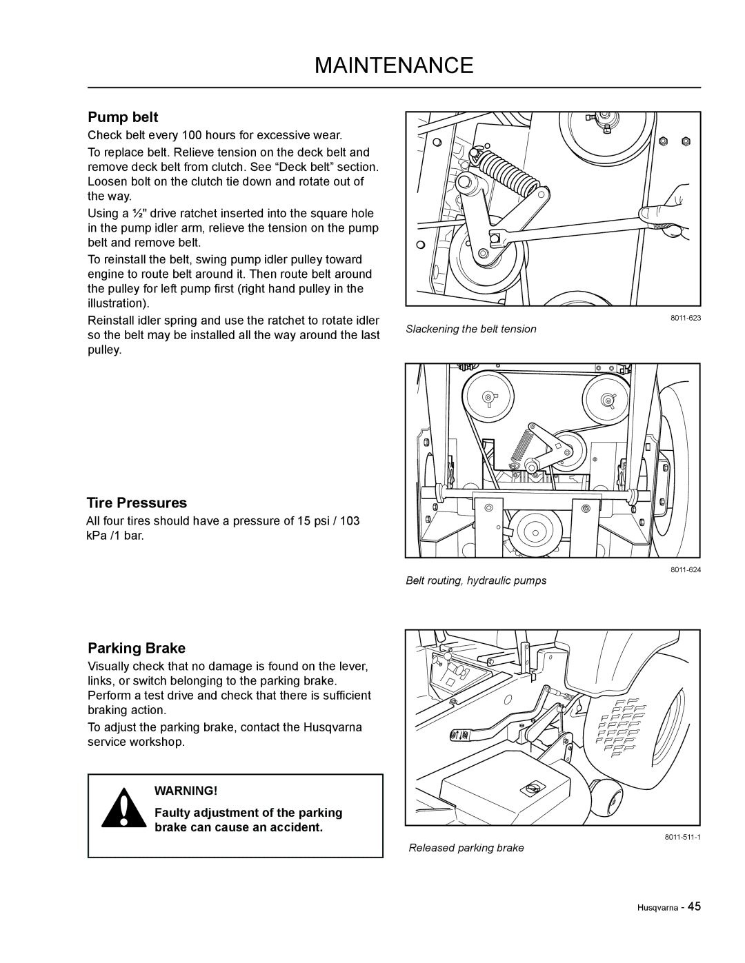 HTC LZ30 / 968999776, LZC6130 / 965879801, LZC5227 / 965879701, LZC5225 / 965879601 manual Pump belt, Tire Pressures 