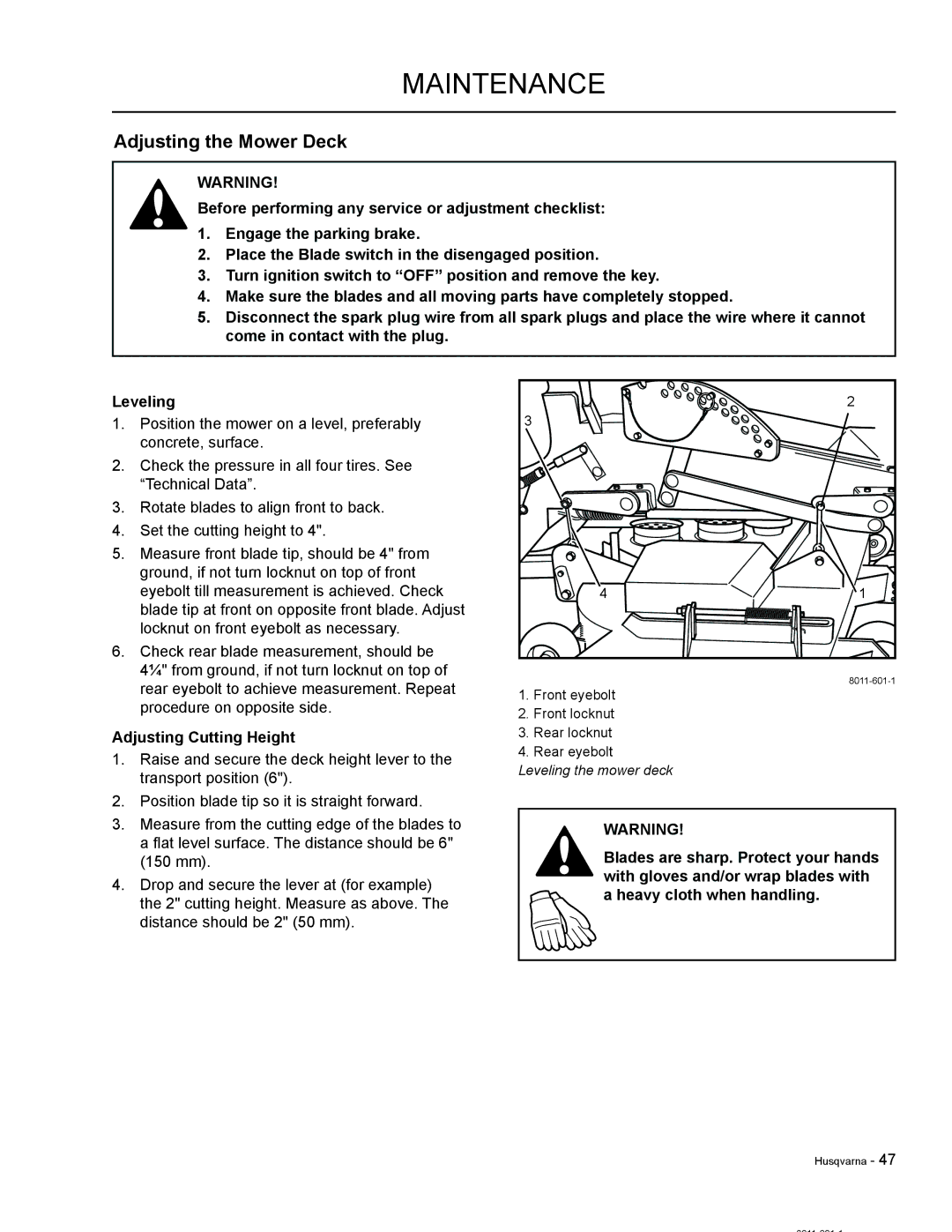 HTC LZC5225 / 965879601, LZC6130 / 965879801, LZ30 / 968999776 manual Adjusting the Mower Deck, Adjusting Cutting Height 