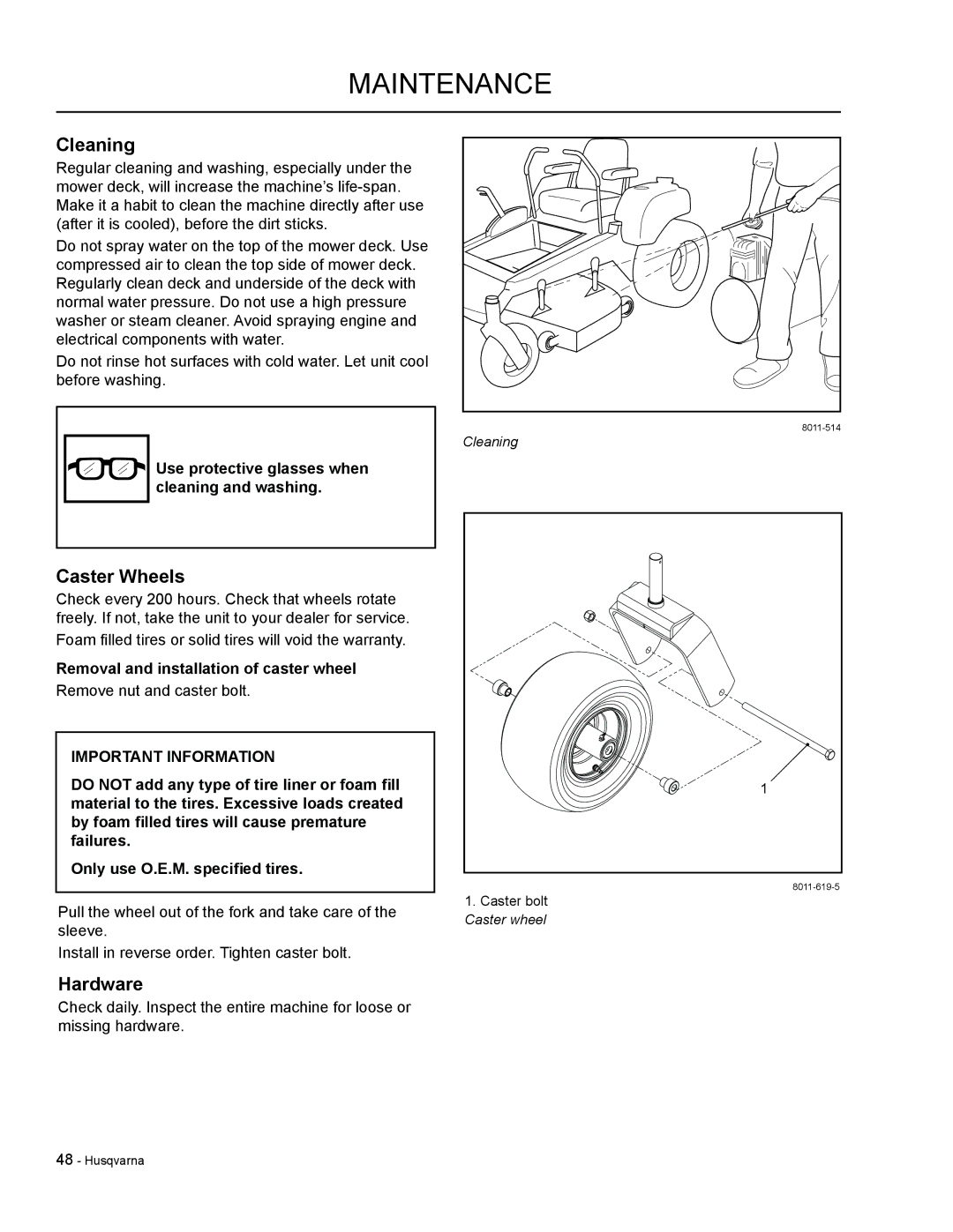 HTC LZC6130 / 965879801 manual Cleaning, Caster Wheels, Hardware, Use protective glasses when cleaning and washing 